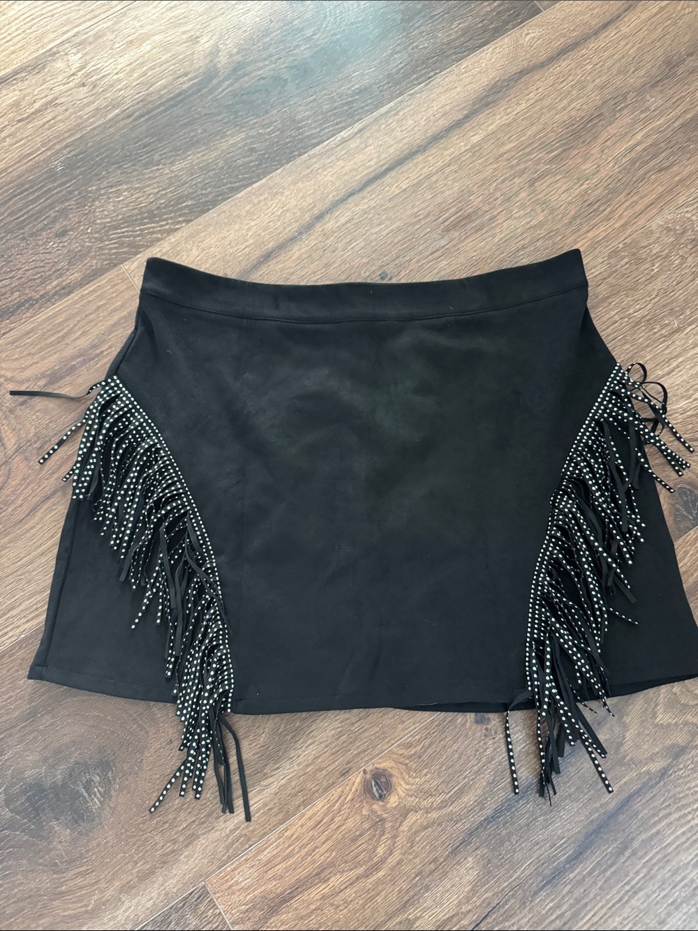 NWOT Black Fringe Mini Skirt with Stud Detail